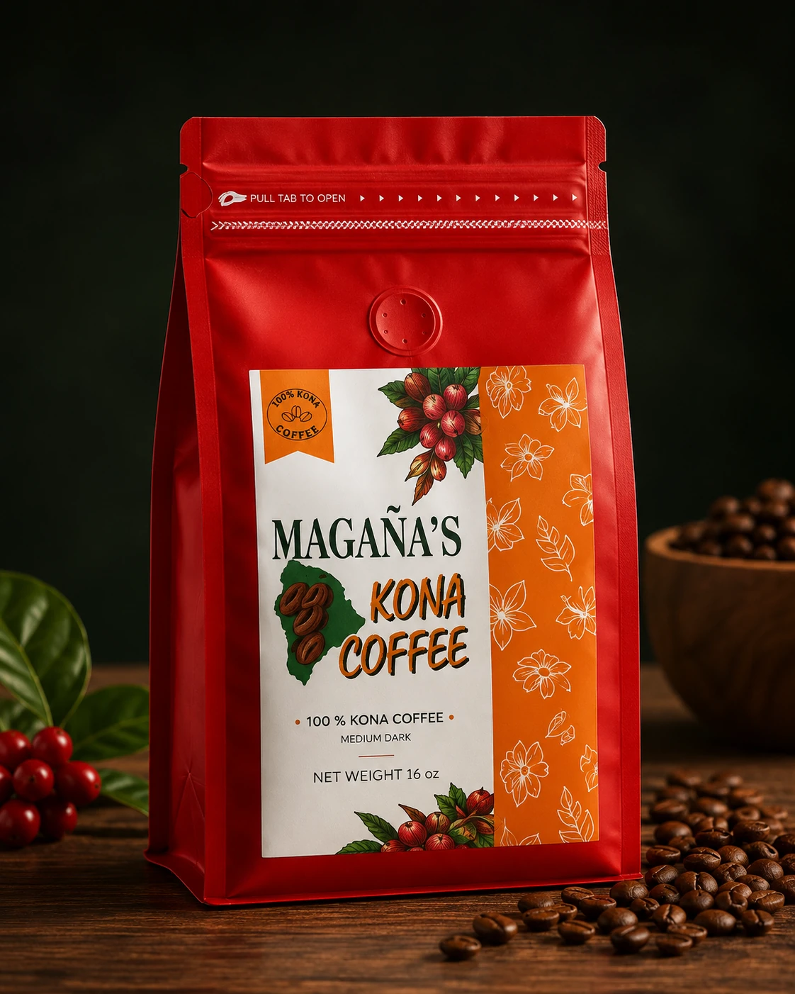 Magaña's Kona Coffee in resealable red packaging